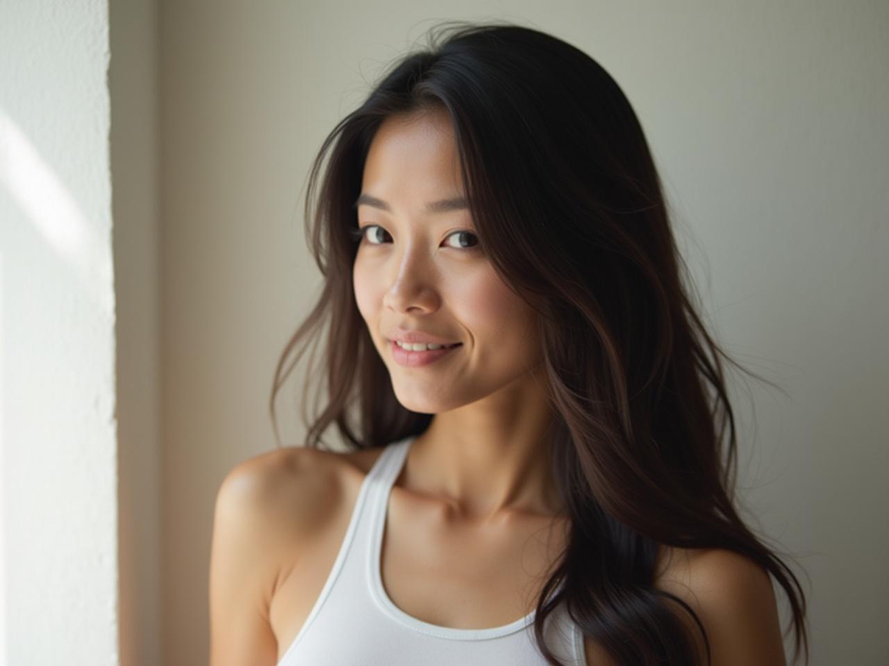 The image features a person with long, straight, dark hair. They are wearing a simple white tank top, which complements their glossy milky skin. The background is softly lit, enhancing the serene atmosphere. The lighting casts gentle shadows, adding depth to the scene. The overall mood appears calm and inviting, focusing on the person's relaxed pose.