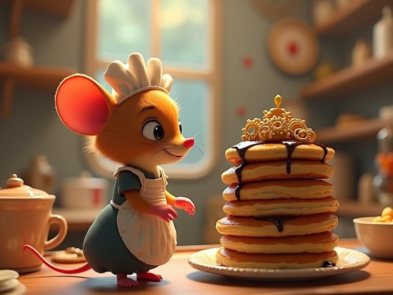 3D animation of a cute female mouse in a maid outfit. She serves a tall stack of pancakes with gears. The scene features warm lighting in a steampunk bakery. The mouse looks shyly at the pancakes with a blushing expression. The design includes whimsical pastry elements. Inspired by Pixar's animation style with vibrant colors and focus.