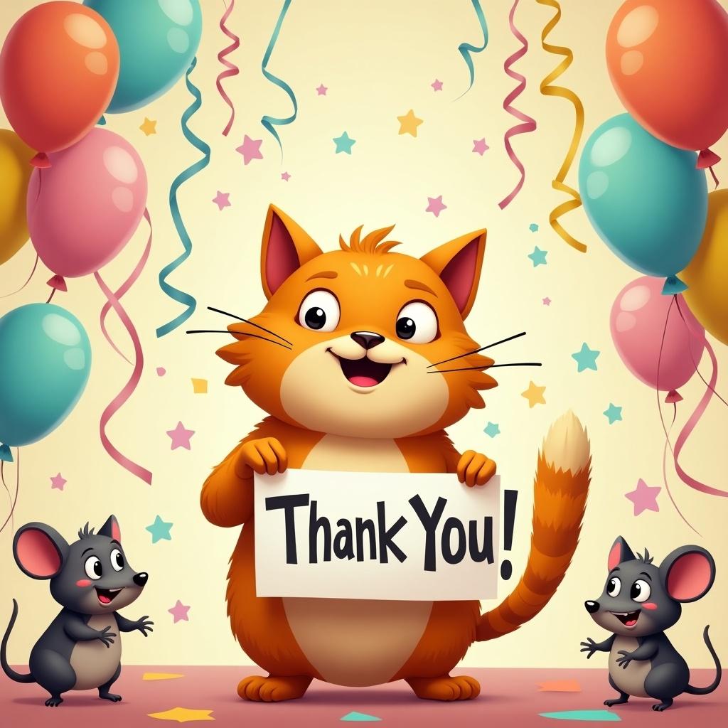 A cute orange cat happily holding a sign that says Thank You. Two small mice are present at the cat's feet. Colorful balloons and confetti decorate the background.