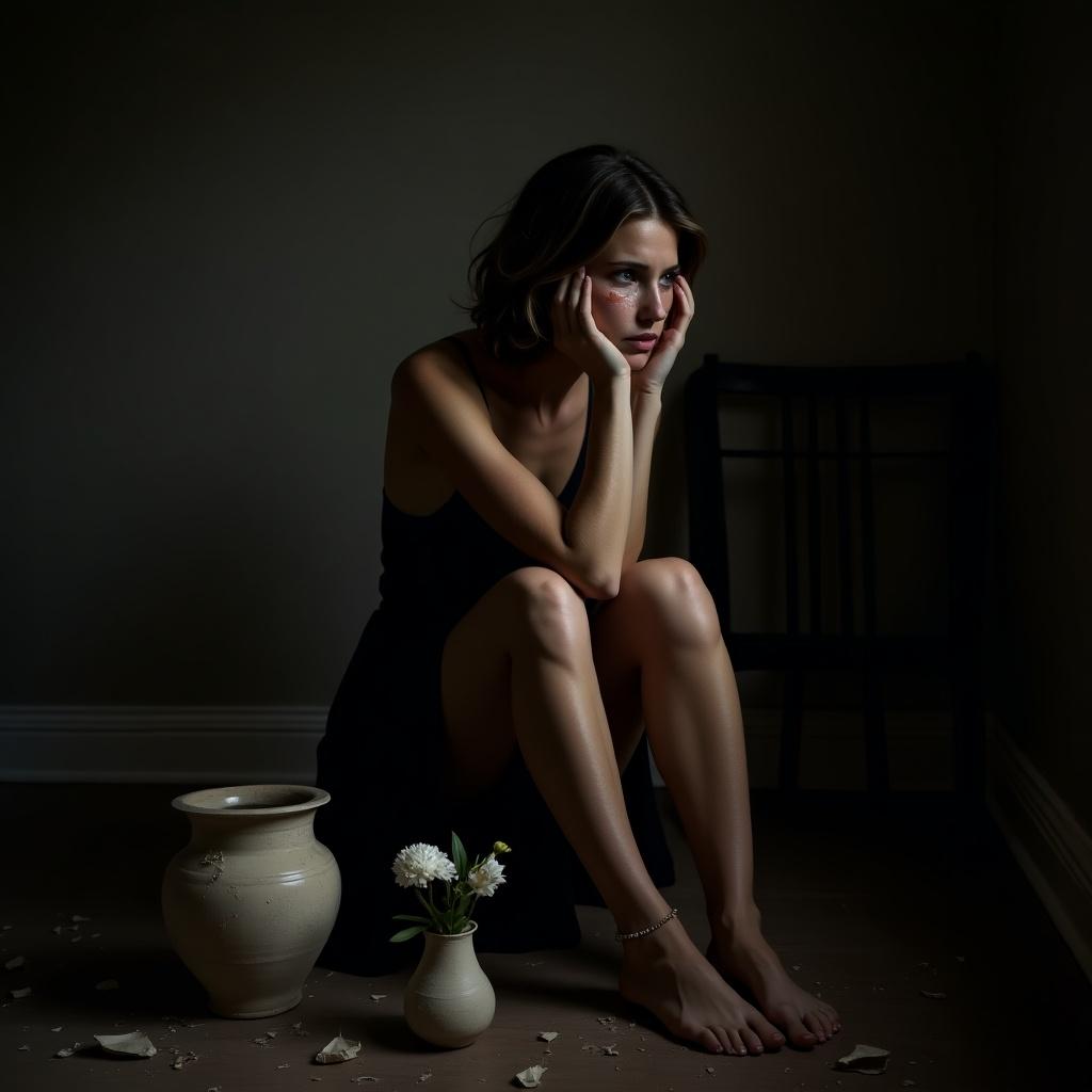 Fine art photograph capturing a somber woman in a dimly lit room. Woman is seated with emotional distress. Shattered pottery surrounding her. Delicate flower wilting in the corner. Elegant atmosphere reflecting pain and heartbreak.