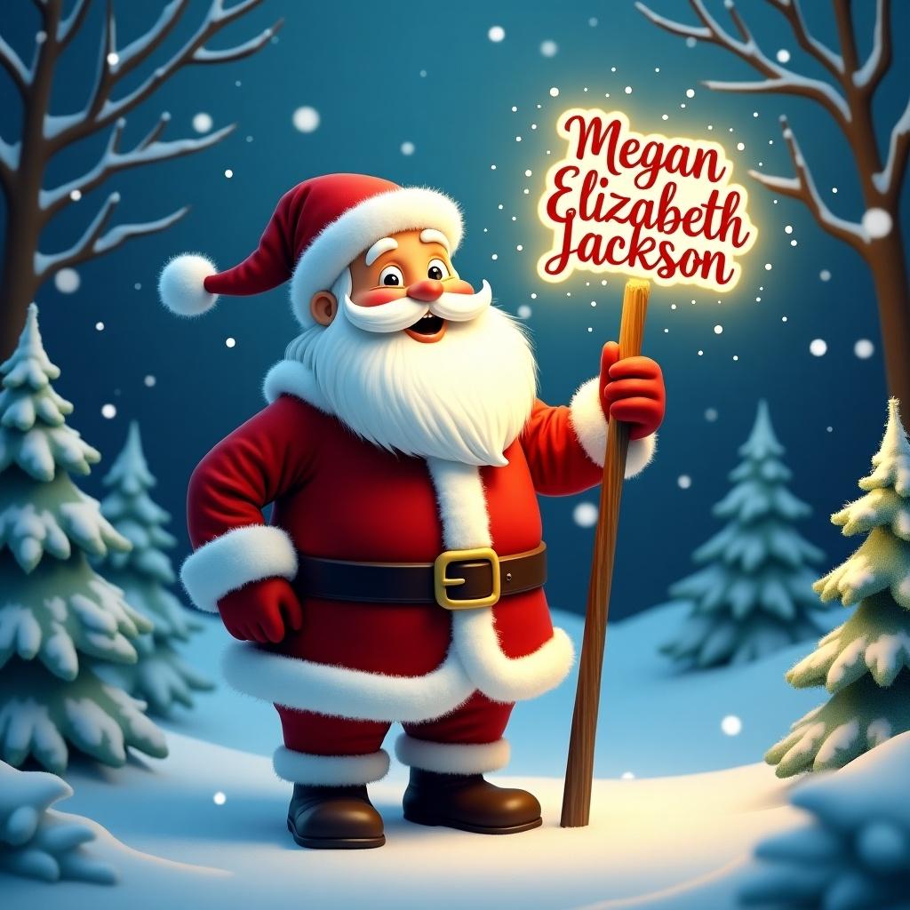 Cheerful Santa Claus stands in a snowy landscape. He wears traditional red and white clothing and a festive hat. Santa holds a glowing stick with a name illuminated. Surrounding him are frosty trees and softly falling snow. The scene feels magical and inviting, celebrating Christmas.