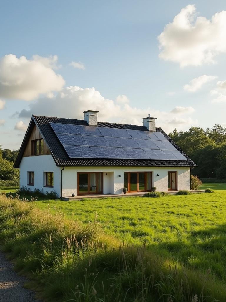 Large farm in Ireland with solar panels installed. Green fields surrounding the structure. Solar panels installed on the roof. The house showcases modern architectural design.