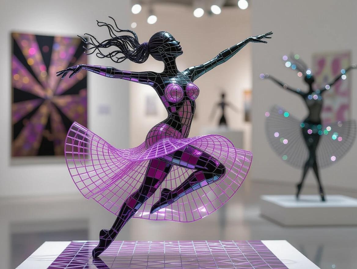 A sculpture of a human figure made entirely of wire mesh. The figure is captured mid-air in a graceful leaping pose with arms outstretched. The design is elongated and intricate. Light reflects off the metallic surface, creating an ethereal quality. Background features a modern art gallery with blurred art pieces. Dramatic lighting enhances the wire contours. The wires appear loosely assembled with visible endings.