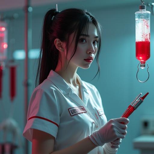 A beautiful nurse stands in a dimly lit hospital room. She wears a pristine white nurse uniform, stained with blood. Long black hair tied neatly, glowing pale skin, gentle smile. Wide glassy eyes filled with obsession. In one hand, she's holding a blood-covered syringe. In the other hand, she clutches a medical chart labeled 'Mine Forever'. IV bags with red liquid hang in the background. Chains and heart monitors line the walls. Soft pink lighting creates a moody atmosphere.