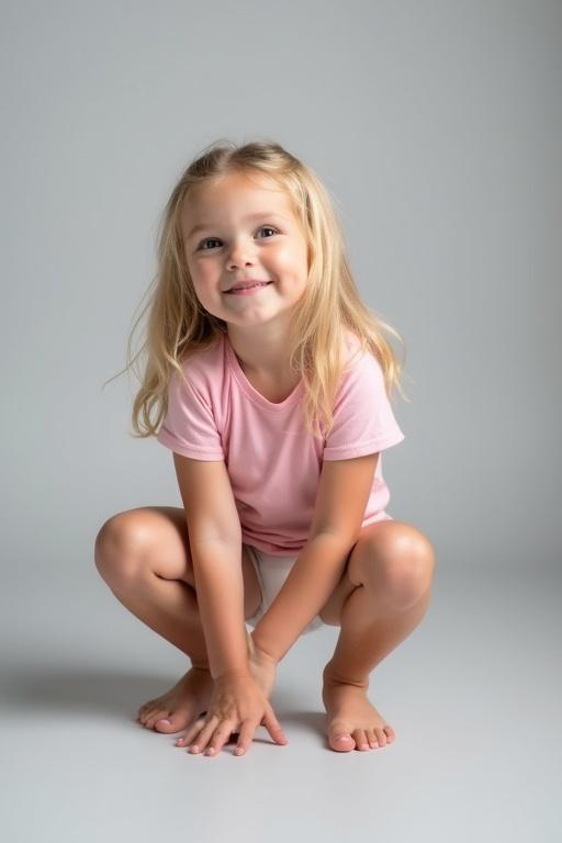 Image of a young girl squatting in a pink t-shirt and white diaper with blonde hair. Soft gray background emphasizes innocence. The scene conveys a playful and confident mood typical of early childhood.