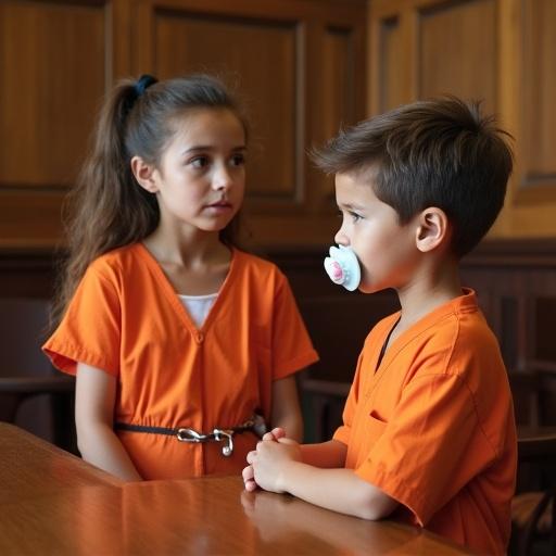 Mother in orange jumpsuit with handcuffs shows emotions. Son pretends to be a judge sitting at a table. He has a pacifier and looks serious. Scene has wooden panels and seating, giving courtroom feel.