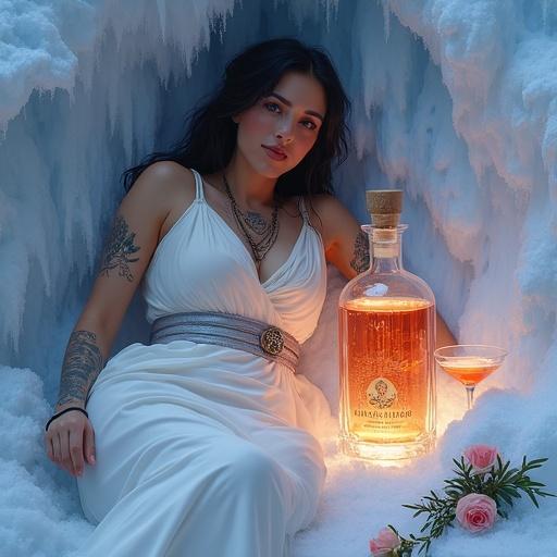 Germanic goddess with delicate tattoos wears white transparent silky wrap. Goddess reclines on cloud of white violet smoke. She offers a toast with a glass of shimmering elixir. She holds glowing apothecary-style bottle labeled 'ALFRUNO'. Bottle radiates golden reddish glow. Simple elegant hang tag displays name 'ALFRUNO'. Two identical cocktail glasses filled with same liquid flank the bottle. Roses and sprig of rosemary add accents. Scene bathed in soft ethereal light. Gentle colors create tranquility and magic in frozen landscape.