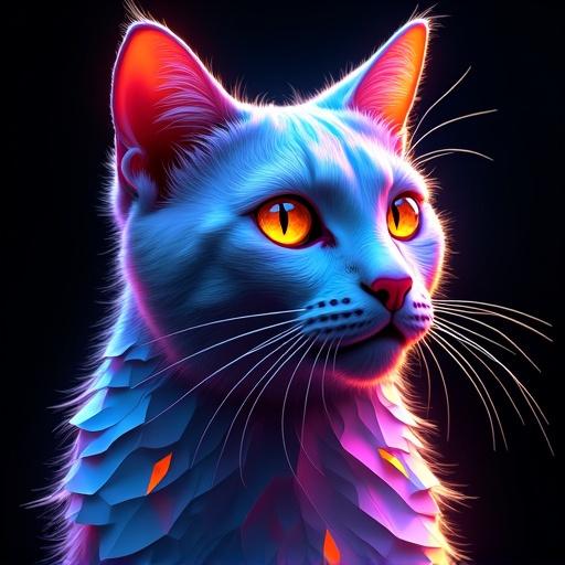 Vibrant digital portrait of a cat with glowing eyes. Art features geometric shapes and abstract elements. The cat has iridescent fur and a crystalline texture. The background is black with sharp contrasts. It showcases electric blue and purple hues with orange accents. Emphasis on intricate details and dramatic lighting.