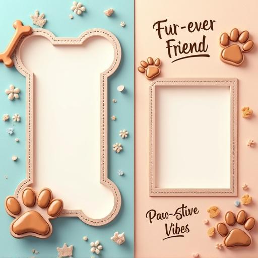 Pet-themed photo collage layout with two blank image areas. One shaped like a dog bone and the other like a paw print. Both frames empty without text. Bone-shaped frame with stitched leather edges, decorated with toy bone icons. Paw-shaped frame with padded outlines and heart accents. Cheerful text decorations say Fur-ever Friend and Paw-sitive Vibes outside frames. Background in soft pastel colors with whimsical patterns of paw prints and stars. Clean, high-resolution, and cute design for showcasing pet memories.
