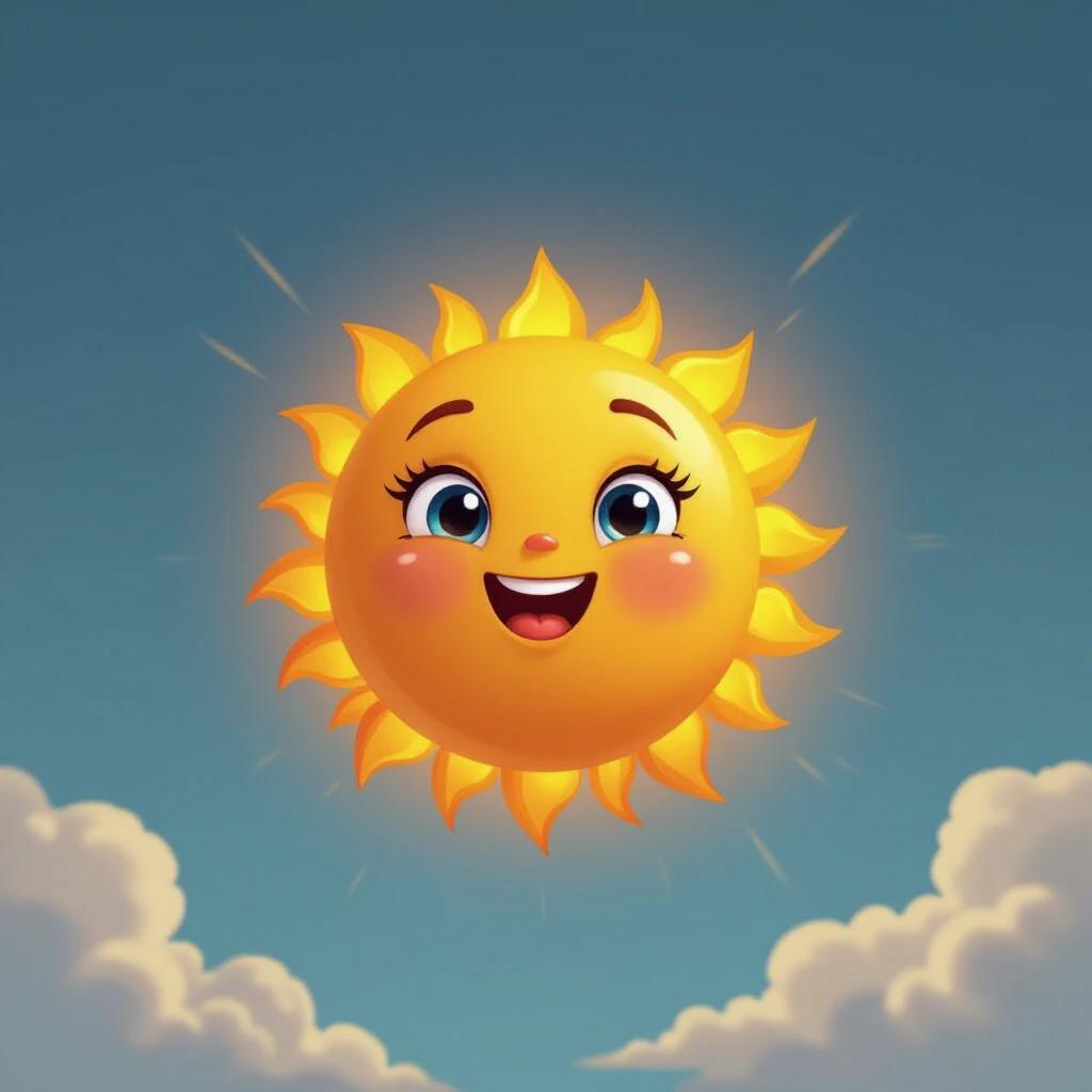 Short video featuring a talking sun character. The sun has a smiling face with blue eyes and a cheerful expression. It is positioned in a clear blue sky with fluffy clouds visible.