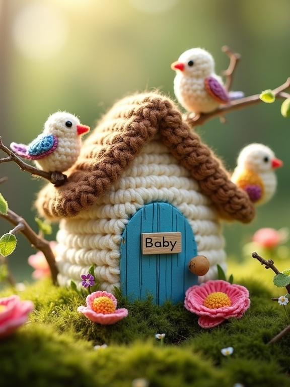 Photograph of a charming amigurumi birdhouse in a lush mossy woodland. The birdhouse made from cream-colored yarn has brown felt shingles. A bright blue door displays a 3D sign reading 'Baby'. Several miniature crocheted songbirds perch on branches. Tiny wildflowers in shades of pink and yellow bloom around the base. Soft sunlight filters through the canopy, adding a warm glow to the scene.