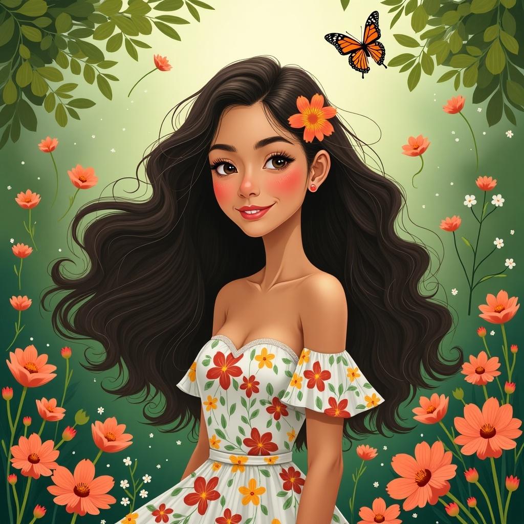 This illustration features a young woman named Ella-Ri, who has long, flowing hair adorned with a flower. She wears a beautiful off-shoulder dress decorated with various flowers, standing amidst a field of blooming flora. A butterfly flutters above her head, complementing the vibrant and cheerful atmosphere. The background is a soft green, enhancing the freshness of the scene. The image captures a whimsical and joyful essence, suitable for various artistic applications.