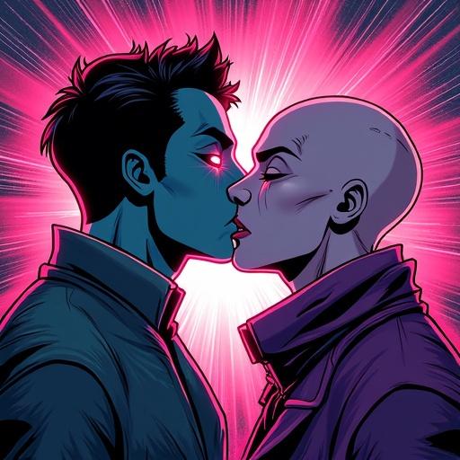 Panel depicting a kiss between two characters with vibrant colors shockwave emotions. Background features glitch art with low-res patterns for a cyberpunk atmosphere.