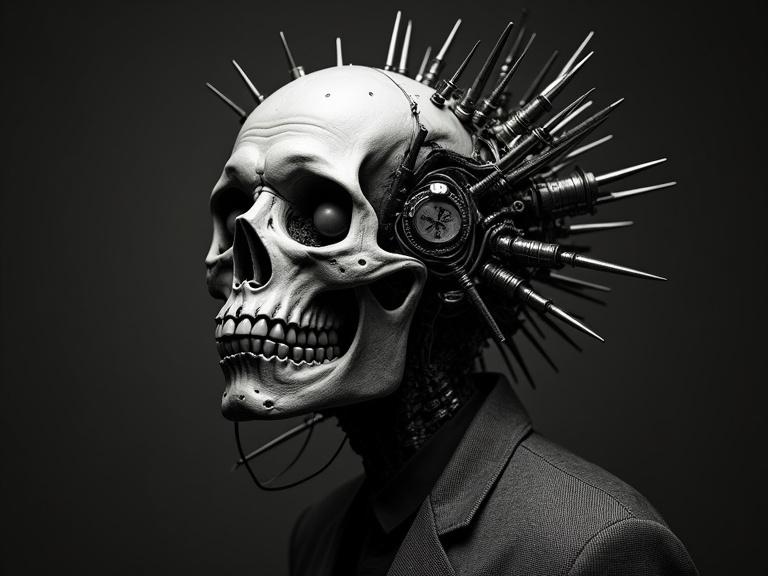 Black-and-white surreal portrait of a figure with a biomechanical head. The face has large hollow eye sockets and a stitched mouth. Numerous metal spikes and wires protrude from the skull. Background is dark, enhancing the unsettling vibe.
