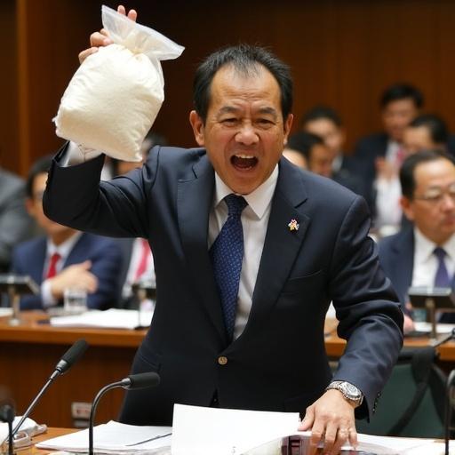 Japanese opposition lawmaker in a suit confronts government officials. He holds a bag of rice and critiques reserve rice quality. Diet Building committee room filled with people and media. Heated political debate surrounding rice issues.