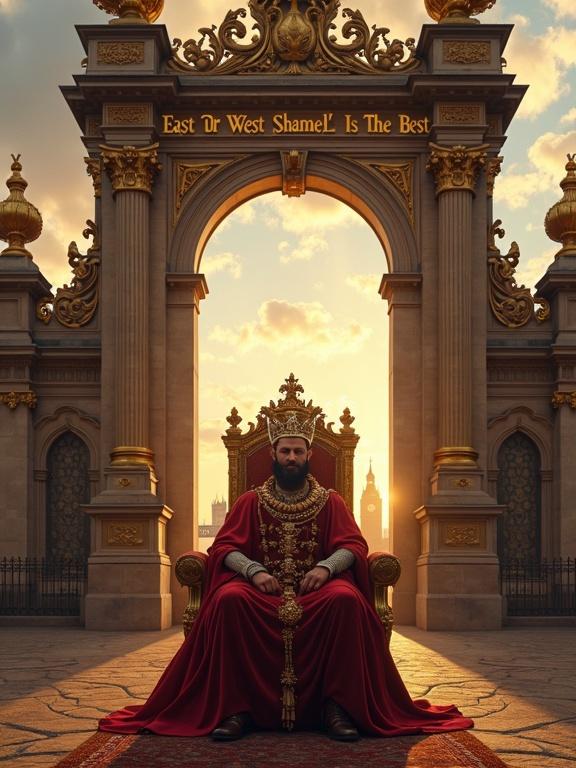 A king seated on an ornate golden throne. The throne features 'SHAMEL' inscribed at the top. A grand royal gate is behind the king, inscribed with 'East Or West Shamel Is The Best.' Tower Bridge is visible on one side and Hampton Court Palace on the other. The scene is visually captivating with warm tones and a 2:3 aspect ratio.