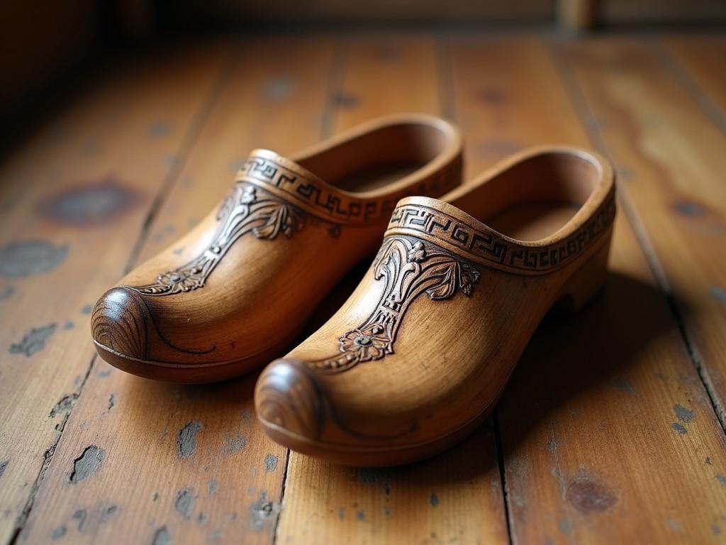 The image features a beautifully crafted pair of wooden clogs, sitting on a rustic wooden floor. Their intricate designs showcase a blend of artistry and tradition. The warm tones of the wood are highlighted by soft, diffused lighting. These clogs reflect a cultural significance, often associated with craftsmanship. They could serve as both functional footwear and decorative art pieces in a home setting.