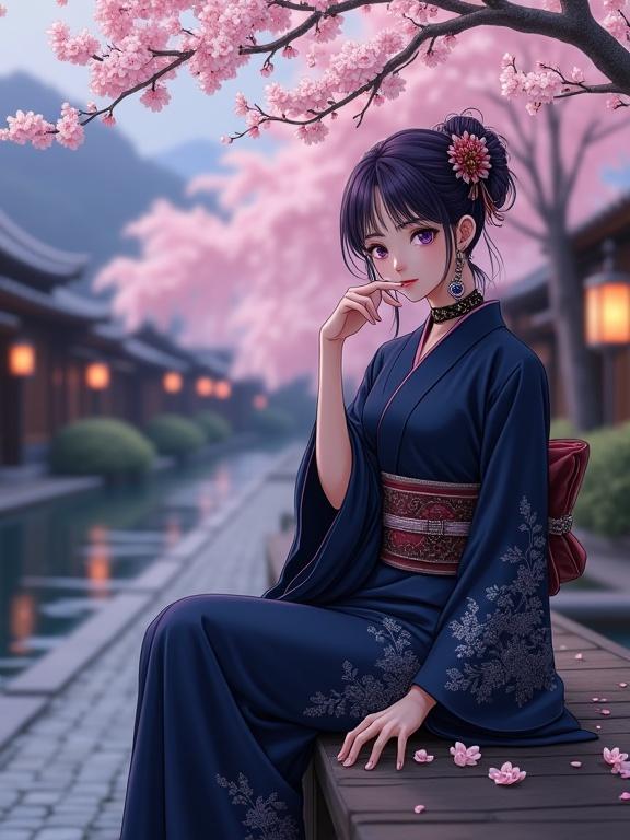 Highly detailed cinematic Japanese anime illustration featuring a full-body elegant woman in dark blue kimono with dark violet hair beside a flowing river. Set in Kyoto's Philosopher's Path with cherry blossoms, traditional houses, and warm lantern light. Woman exudes quiet sophistication, with a poised posture and delicate accessories, captured in a serene ambiance.