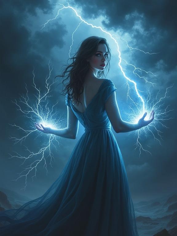 Beautiful woman holds lightning in hands. Storm clouds gather above creating a dark fantasy atmosphere. Ominous and beautiful setting with detailed elements.