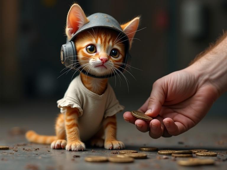 Hyperrealistic and detailed representation of a red-haired tabby kitten wearing a welder's mask and an off-white t-shirt. The kitten has expressive amber eyes. A human hand offers a coin while tarnished coins scatter on a dusty metal floor. Naturalistic industrial lighting enhances the atmosphere.