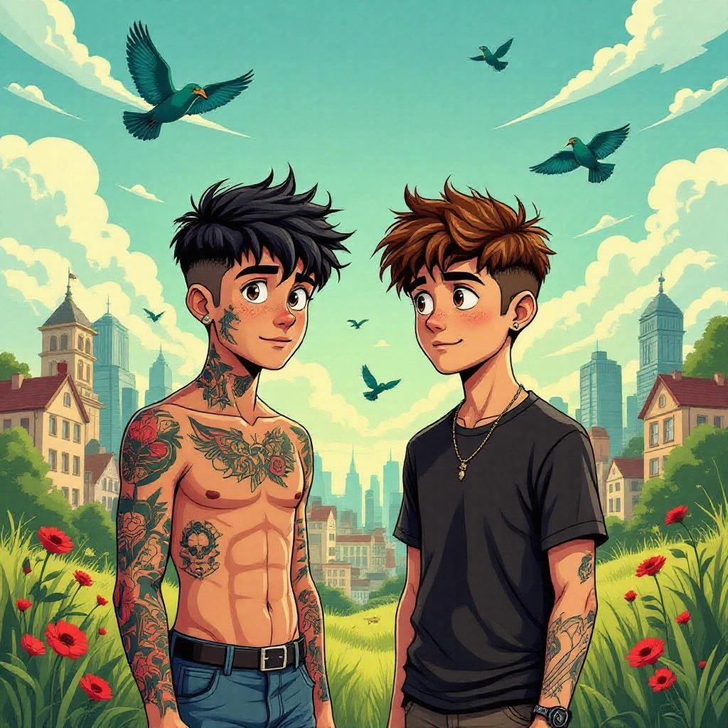 Semi-realistic illustration of two friends in a blend of urban and fantasy landscape. One boy has short dark hair, athletic build covered in tattoos. The other is slender with brown eyes, dressed simply.