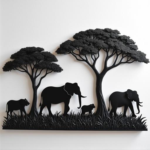 3D embossed art featuring African animals and trees in a contrasting black and white design