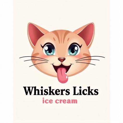 Logo design featuring a cartoon cat face representing an ice cream brand. Cat has a tongue sticking out and is cute and colorful. Brand name 'Whiskers Licks' prominently displayed below.