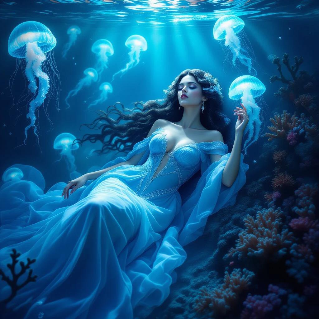 A divine sea witch embodies the ocean itself. She sleeps in the abyssal depths. Glowing jellyfish surround her. Ancient corals drift nearby. Long flowing hair sways like kelp. A translucent blue gown shimmers like the ocean. Soft light illuminates her serene beauty. Hyper-realistic underwater scene with a mystical atmosphere. She is Thalassa, the personification of the sea. Awaiting the rise of the tide.