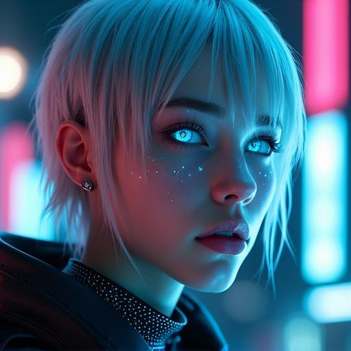 Detailed portrait of rogue hacker girl with sharp features and porcelain skin. She has glowing circuitry tattoos and neon-blue eyes. High-tech choker with holographic runes. Short silver hair with electric-blue particles. Dramatic lighting from neon sources. Blurred background with AR interfaces and holograms.