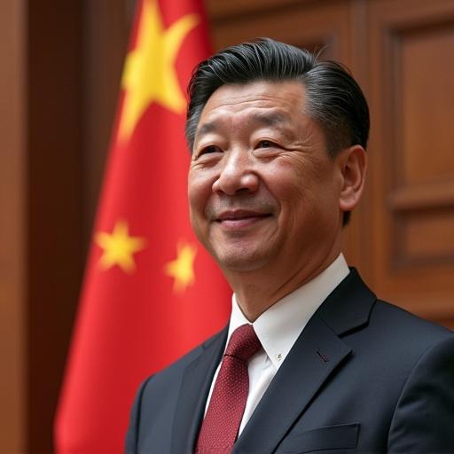 A man smiles confidently in front of a red and yellow background depicting a flag. The individual is dressed in formal attire, projecting a powerful and authoritative demeanor.