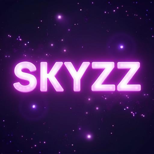 The text SKYZZ glows in purple with an interactive background. The design is modern with a futuristic feel.