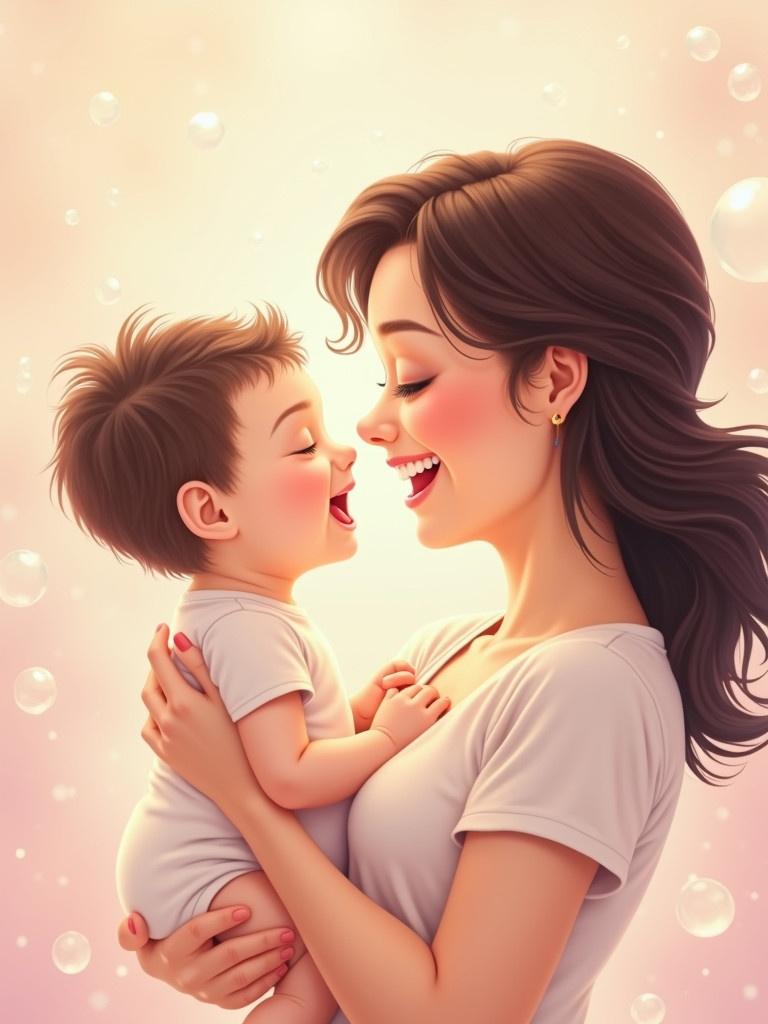 Heartwarming scene of a mother holding her newborn baby. They are smiling at each other. Background features soft pastel colors and floating bubbles. Mother's hairstyle is loose and elegant. Baby is dressed in a simple white outfit. Both exude warmth and love.