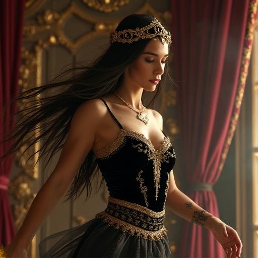 Medieval fantasy queen. 30-year-old woman with smooth glowing skin. Long flowing dark hair in motion. Delicate golden circlet with glowing runes. Elegant dark velvet fitted bodice. Sheer translucent silk waist sash. Dynamic baseball pitching pose. Strong torso twist. Engaged full body. Right arm extended forward releasing pillow. Left arm extended backward. Bent knees with weight on back leg. Focused gentle expression. Soft playful smile. Soft warm lighting with gentle shadows. Medieval fantasy royal bedroom with gold accents.