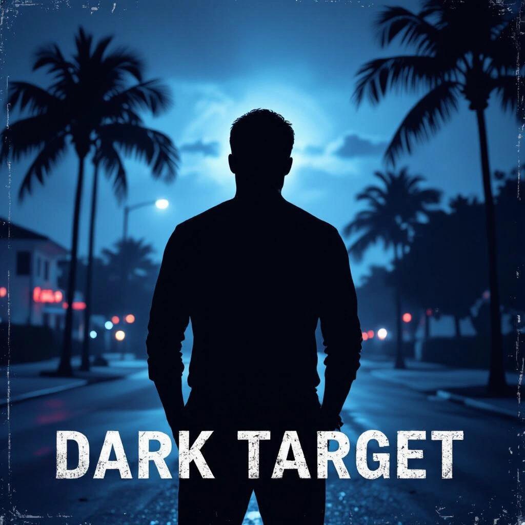 Silhouette of a figure against a blue-tinted night scene in Miami. Incorporates palm trees and text reading 'Dark Target.'