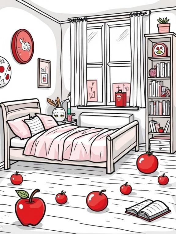 A cartoon-style illustration of a child's bedroom. Red objects are visible throughout the room. The task is to find all the red items. The scene is friendly and organized with clear shapes. Thick outlines suitable for coloring or circling red items.