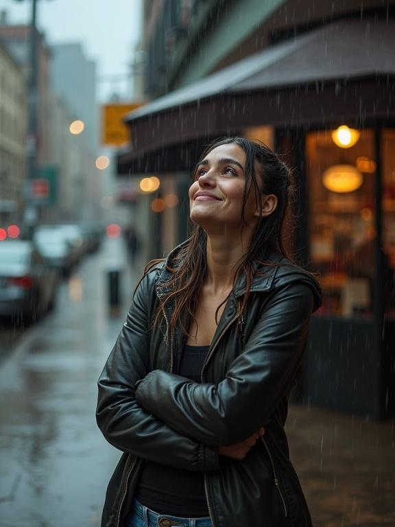 A woman stands on a street corner outside a coffee shop. She is soaked in the rain with her arms wrapped around herself. She looks up at the stormy sky with a playfully frantic expression.