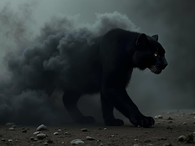 A black panther walks out of dense black smoke. The scene has a fantasy aesthetic with particle effects. The view is from the side. The image is visually stunning with depth of field and a cinematic feel.