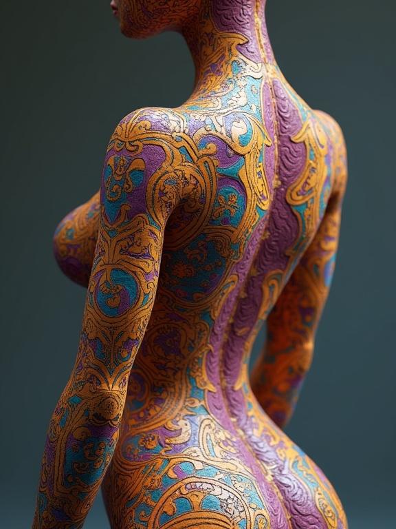 3D female figure showcasing intricate body patterns in vibrant colors. Rear view emphasizing unique designs.