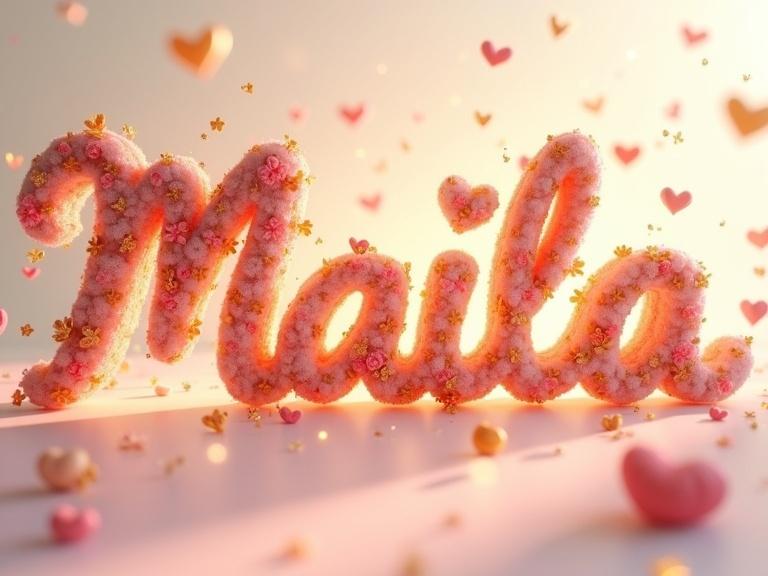 3D render featuring text 'Maila' created from flowers in an ethereal space. Letters have a sugary texture with a warm glow. Hearts surround the text on a pale ivory background. Volumetric lighting comes from within, enhancing the dreamy atmosphere.
