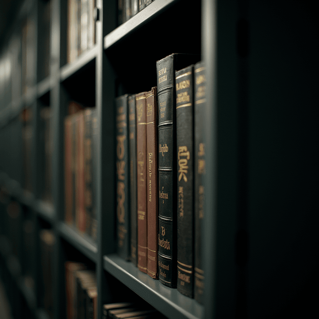 A row of antique books lined up on a dimly lit shelf, evoking a sense of history and knowledge.