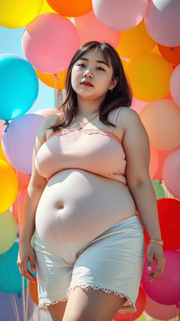 A pregnant woman poses in front of numerous colorful balloons.