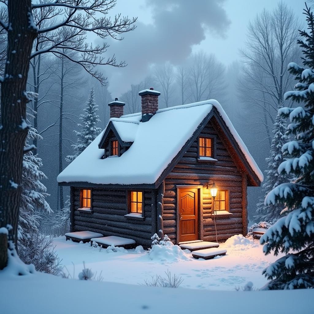 A cozy small house is surrounded by falling snow during winter. Smoke is rising from the chimney. The house is warmly lit from within. Snow blankets the ground and trees. This idyllic setting evokes feelings of warmth and comfort on a snowy day.