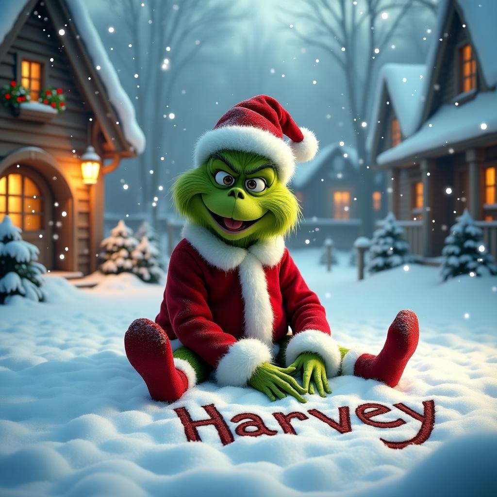 Grinch in Christmas outfit sits in snow writing 'Harvey'. Snowflakes fall around him. Cozy cottages in the background create a magical holiday atmosphere.