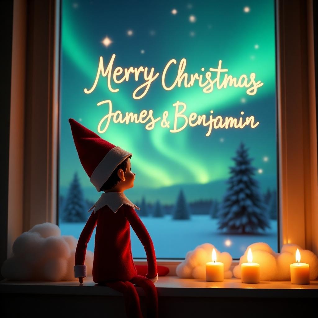 Image shows an elf on the shelf looking at the night sky with Christmas lights. The elf wears a red outfit and hat. The northern lights create a magical background. Below are clouds and candles, enhancing festive mood. Words 'Merry Christmas James & Benjamin' glow in the sky.