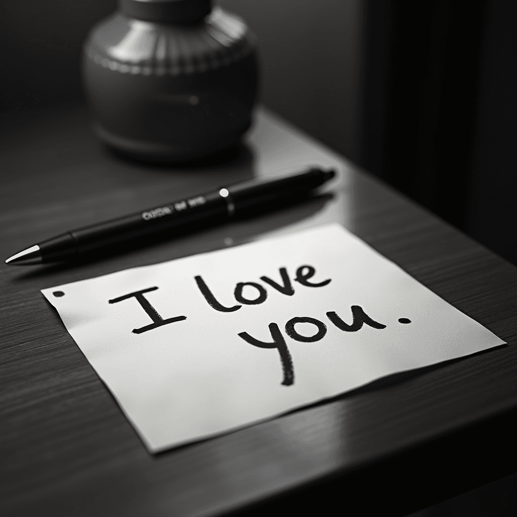 A handwritten 'I love you' note rests beside a pen on a wooden desk.