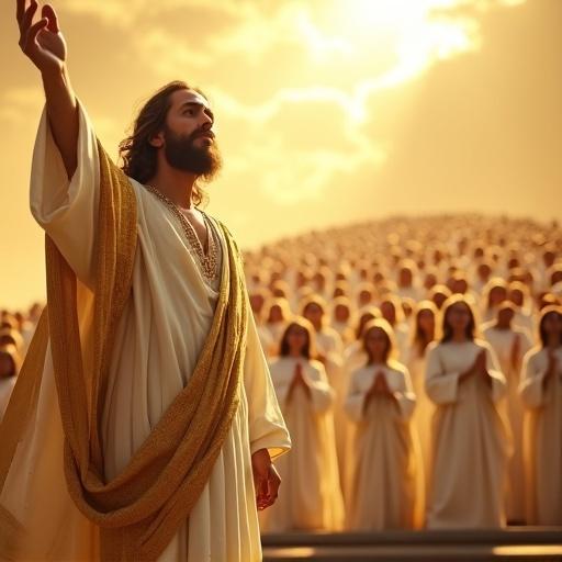 Majestic scene depicting Jesus in a white robe with golden embroidery and sash. His hand raised toward the heavens with a loving expression. A large group in white robes stands behind Him, gazing up with reverence. Dramatic golden sunlight streams from the upper right, creating a divine atmosphere. The background features a golden sky with illuminated clouds. Warm color palette with high contrast between light and shadows. Composition is symmetrical, evoking spiritual themes.