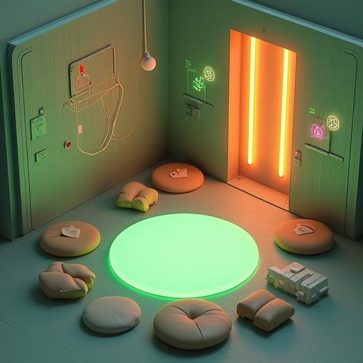 Personal pod room designed for meditation. Features cushions on the floor. Floating neon glyphs create a mystical feel. Wall-mounted AI assistant adds tech touch. Soft green glow from circle in center. Orange light columns enhance atmosphere. Isometric view highlights the tranquil and minimalist sci-fi aesthetic.