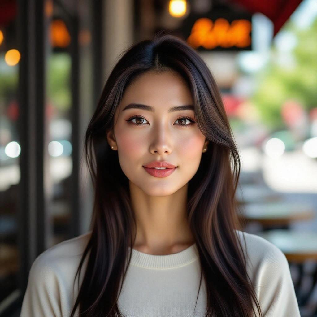 Ultra-realistic high-resolution photo of a woman with long black hair and fair skin. She wears minimal makeup and stands outside a restaurant in daylight. The composition shows her head and shoulders, captured straight on with a blurred background suggesting restaurant features.