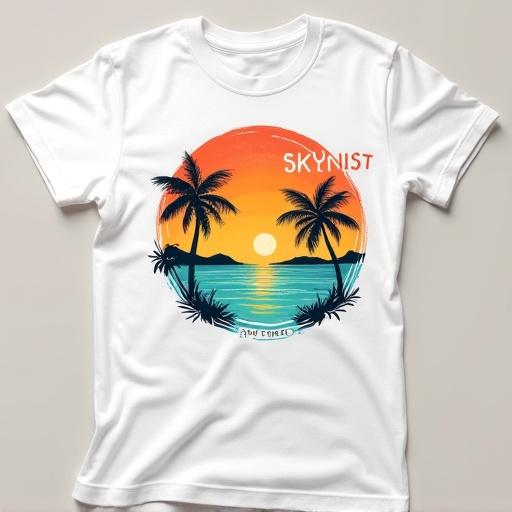 White t-shirt laid flat featuring vibrant circular design. The design depicts tropical beach scene at sunset with silhouetted palm trees. Calm turquoise ocean reflects warm hues of setting sun and orange yellow sky. Distant dark landmasses on horizon. Words SKYNIST in stylized font near top right and AND STEREO near bottom left. Hand-drawn and digital illustration style creating summery graphic.