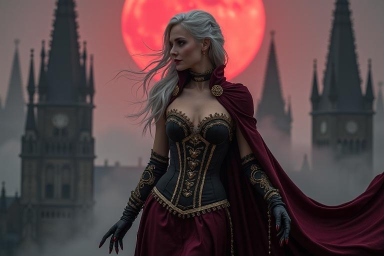 A seductive steampunk vampire stands on the edge of a gothic cathedral. A blood-red moon illuminates the scene. Silver hair flows down her back. Red glowing eyes add to her allure. A dark burgundy corset dress features golden lace. Intricate brass embellishments enhance her outfit. Black gloves extend past her elbows. A cape billows in the wind. She gazes at the foggy Victorian city below. Cathedral spires frame her figure beautifully. The atmosphere conveys mystery and elegance.